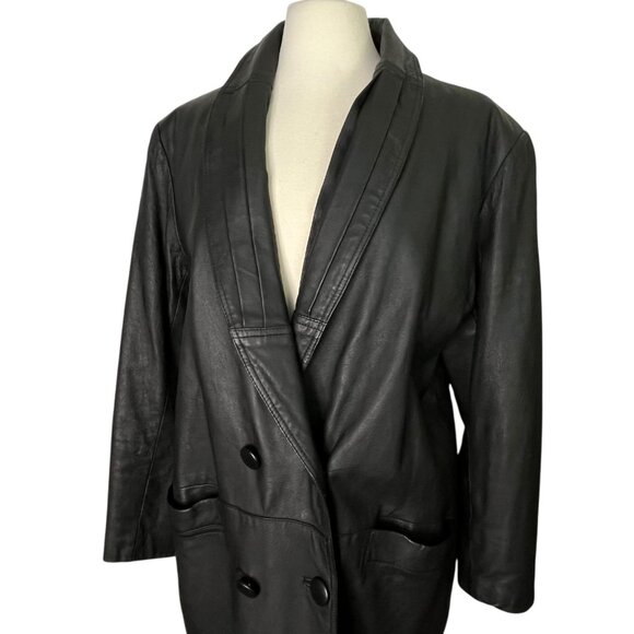 Vintage 90s Worthington Black Genuine Real Leather Longline Womens Jacket Drama - Picture 3 of 8
